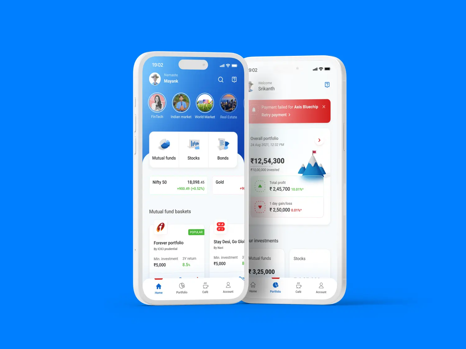 Home screen and investment screen of Kotak Cherry App