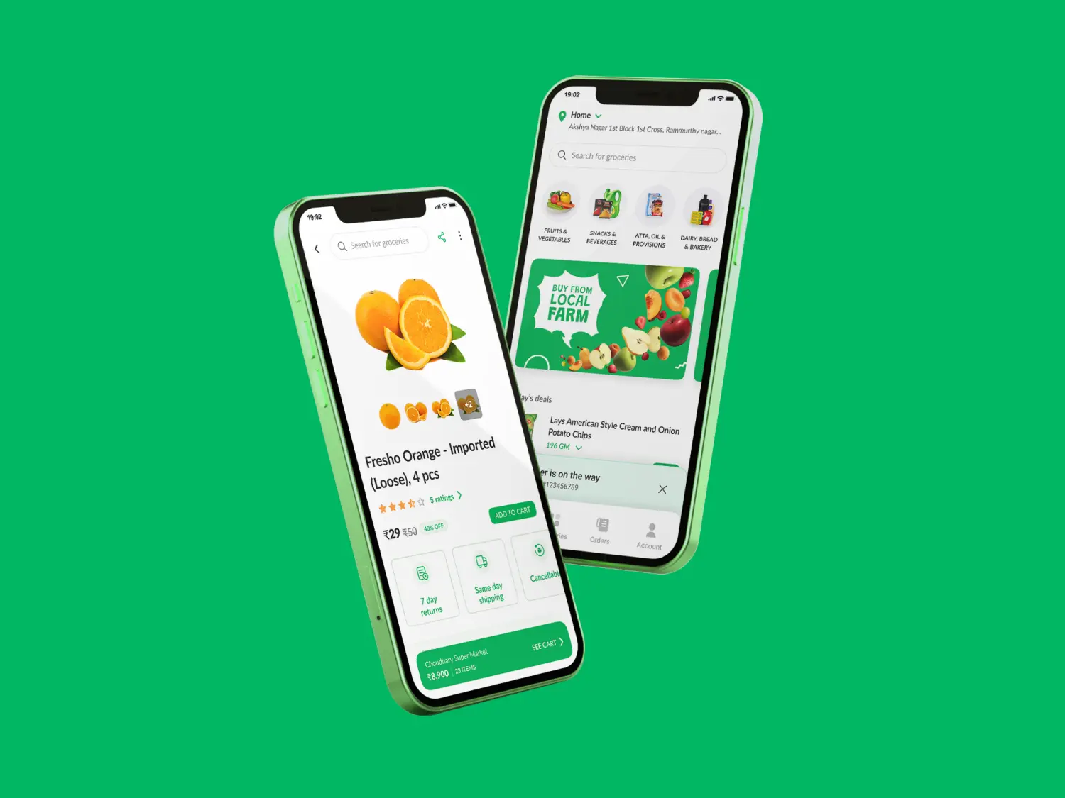 Mobile app mockups with ondc grocery screens